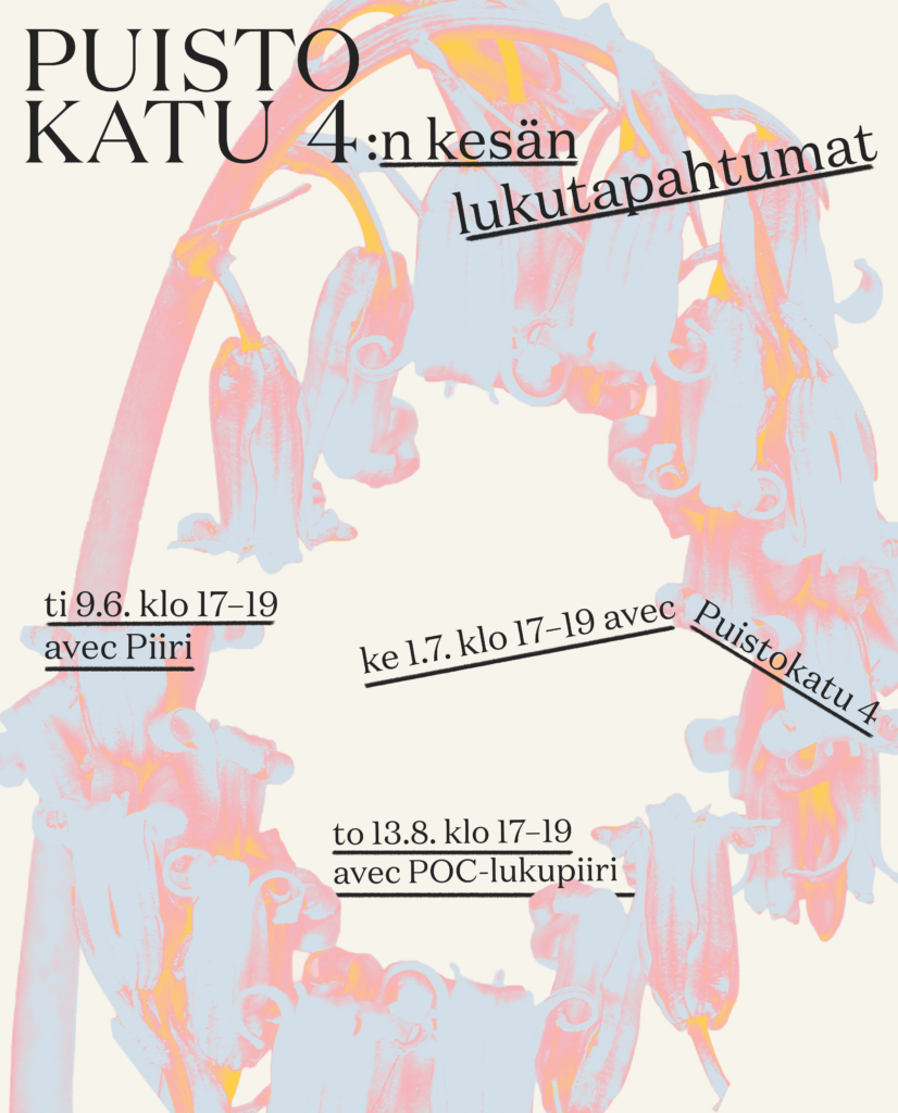 Puistokadun kesän lukutapahtumat 9.6., 1.7. & 13.8.